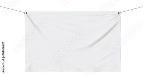A white banner hanging on a string on transparent background