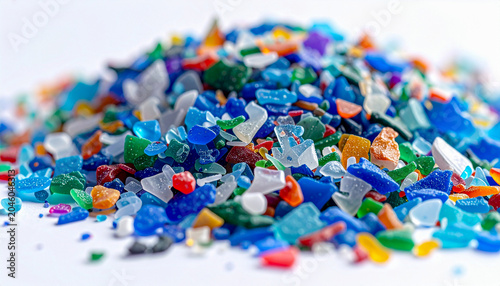 Detailed macro shot of tiny vibrant polymer particles and synthetic sand grains on a bright surface