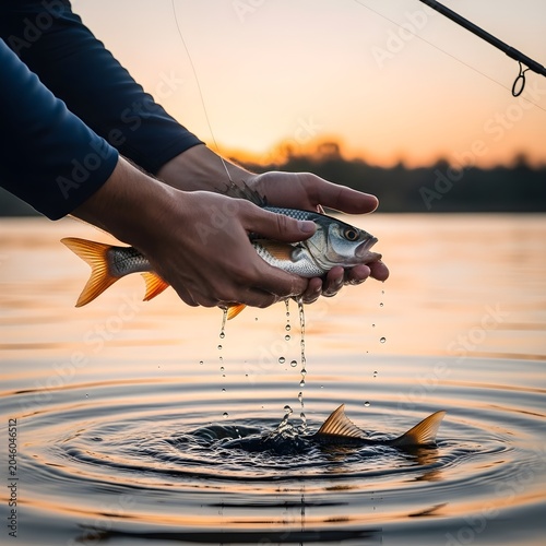 Fisherman holding a freshly caught fish at sunset, water droplets falling into the lake.