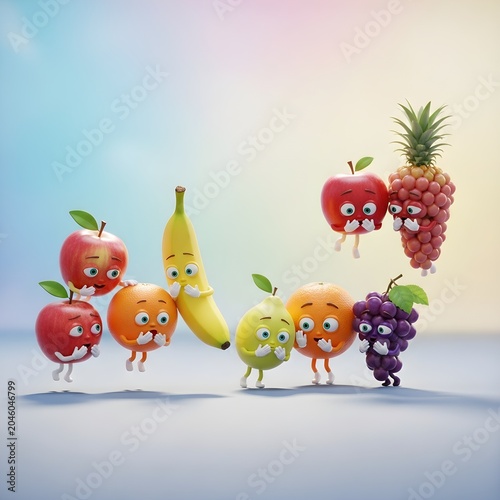 Cute cartoon fruits with surprised expressions, 3D render