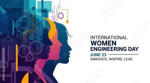 Woman silhouette innovating in tech background for engineering day