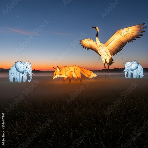 Illuminated animal lanterns in a field at dusk