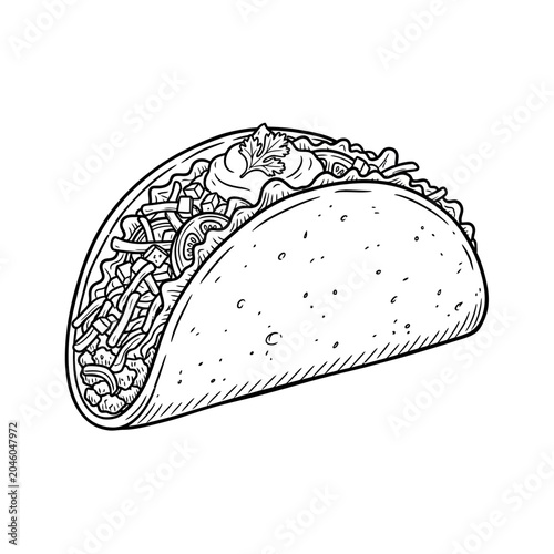 Hand drawn line art of a loaded Mexican taco