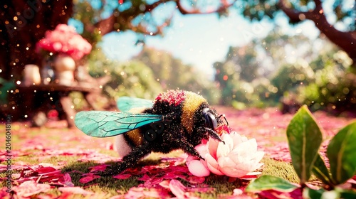Whimsical Fairytale Woodland with Bumblebee and Blooming Flower