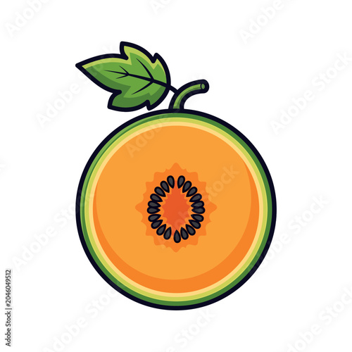 Colorful melon icon, sliced in half, revealing juicy orange flesh and dark seeds, with a green leaf. Perfect for healthy food and summer fruit graphic designs
