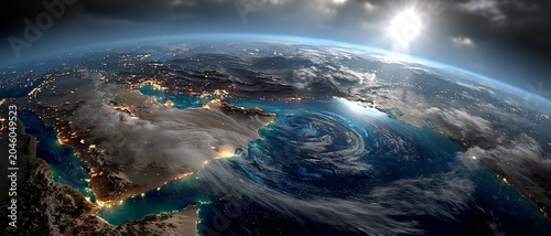 The view of Earth from space, with its illuminated cities and storm, provides a majestic backdrop for reports on the climate crisis and global environmental issues.