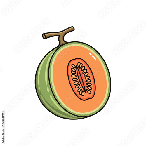 Vibrant cartoon illustration of a freshly sliced cantaloupe melon revealing its juicy orange flesh and abundant seeds, perfect as a healthy snack or fresh produce symbol in a playful design