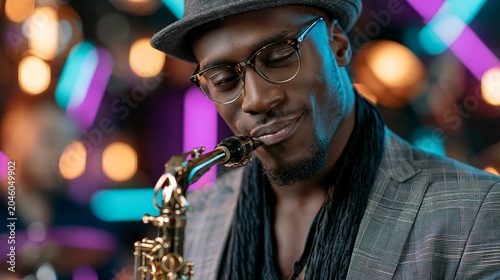 A stylish musician wearing a hat and glasses plays the saxophone under neon lights, providing a jazzy backdrop for adverts for concerts, clubs and music festivals.