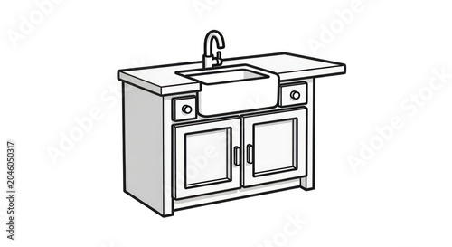 Minimalist line drawing of a kitchen sink cabinet