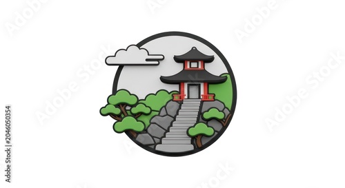 Circular architectural icon of a traditional pagoda
