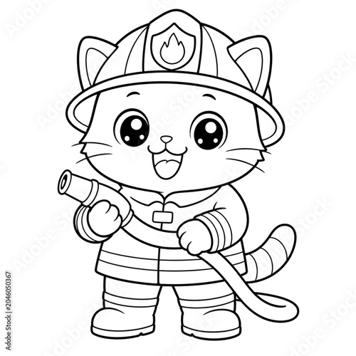 Adorable Kitten in Firefighter Costume Black and White Coloring Book Illustration