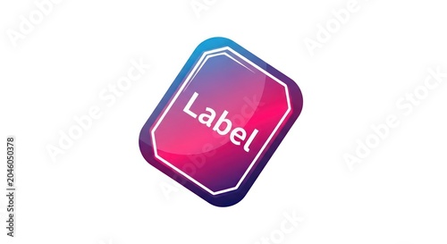 Purple and pink glossy rectangle badge with label text