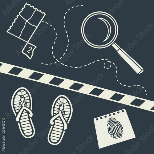 Quadro su tela Crime scene investigation elements like fingerprint magnifying glass footprints and caution tape creating a forensic mystery atmosphere