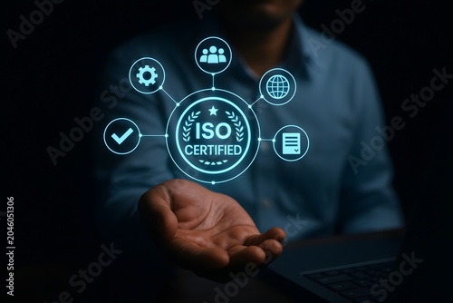 Business professional presenting iso certified hologram with icons of quality, standards, and approval