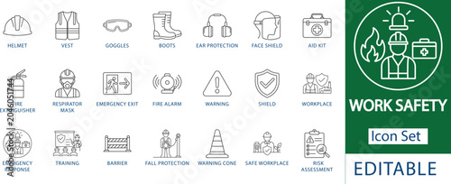 work safety icon set: professional ppe industrial compliance, construction site hazard warning, emergency response and fire protection, and occupational risk assessment line icons