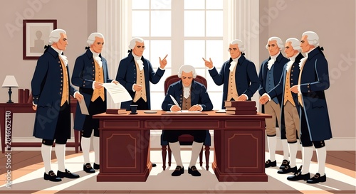 Group of men in colonial attire signing a document