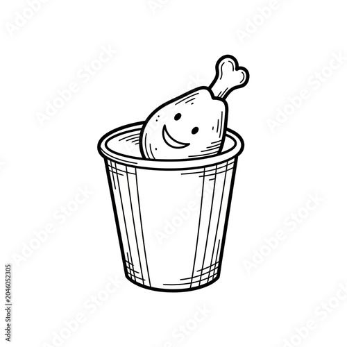 Happy fried chicken drumstick character in a takeaway bucket