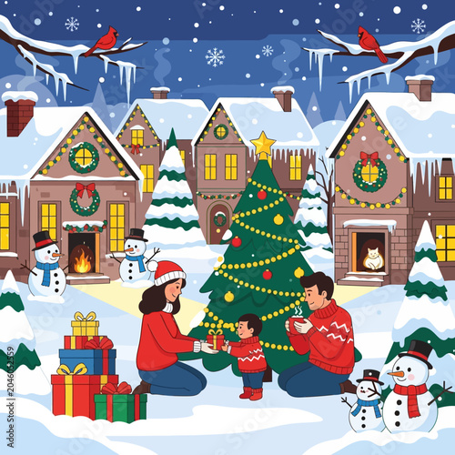 Happy family exchanging gifts by Christmas tree in snowy village