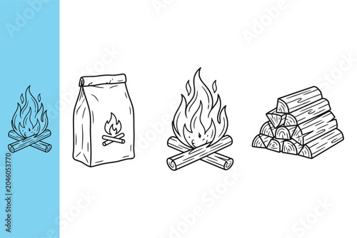 Line drawing of campfire icons with logs and woodpile