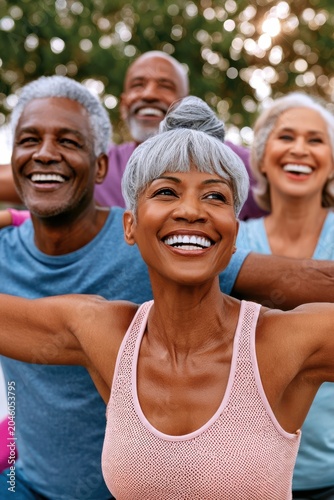 Happy senior friends exercising outdoors together — active older adults enjoying group fitness and wellness