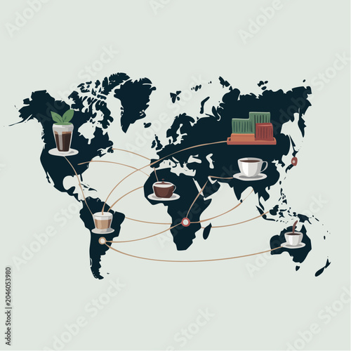 Global coffee culture world map with international connections