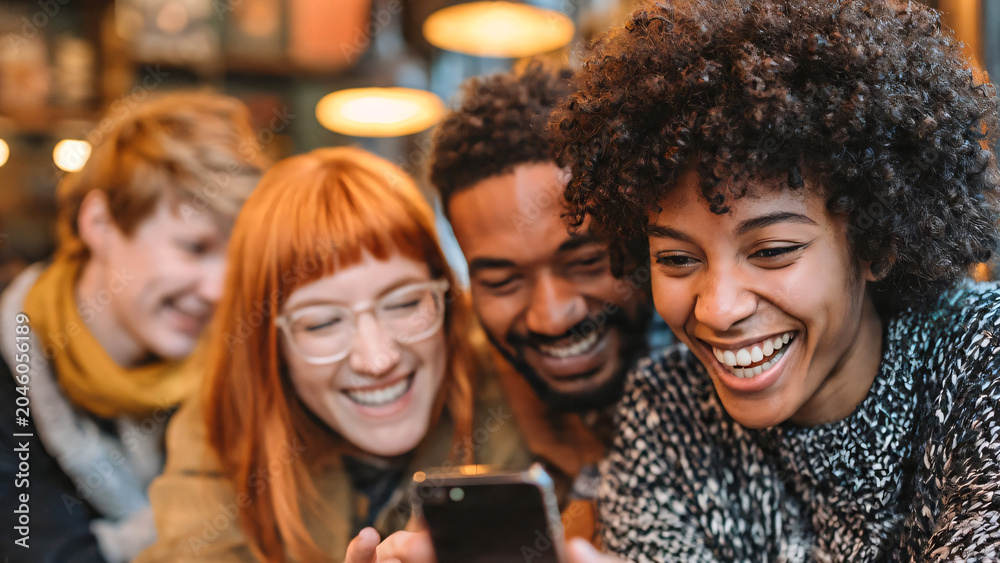 Obraz premium Happy friends gathered around a smartphone in a cozy modern café, smiling and browsing social media together while enjoying coffee and conversation, relaxed lifestyle atmosphere. 