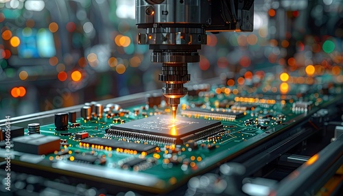 Close-up of automated robotic arm working on a green circuit board during manufacturing, with vibrant orange light