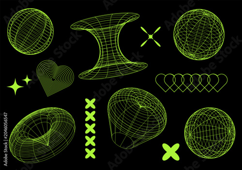 Abstract neon 3D shapes Y2K, vector elements for futuristic design