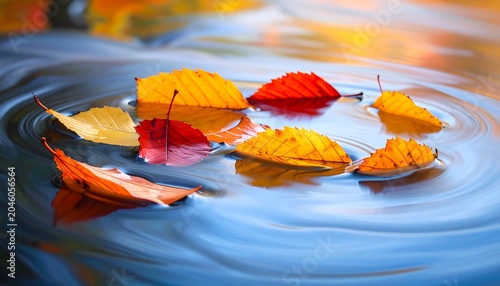 Close-up of autumn leaves floating on rippling water, with reflections, vibrant colors, and smooth textures