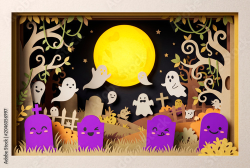 Cute 3D diorama Halloween scene with ghosts pumpkins full moon and purple monsters in dark shadow box frame for festive decor [copy space]