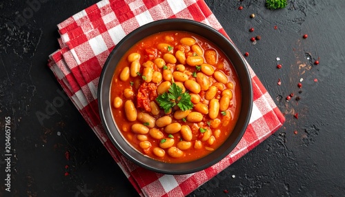 Close-up of baked beans in tomato sauce, served in a black bowl on a red and white checkered cloth. Garnished with parsley