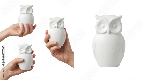 White owl figurines in various positions held by hands isolated on white background, png transparent set, bundle collection, products festive celebration, event festival 2026, 2027 2028 download