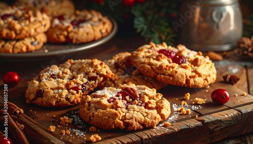 Close-up of baked cookies on a wooden board. Background features a plate of cookies, greenery, a container, and red berries