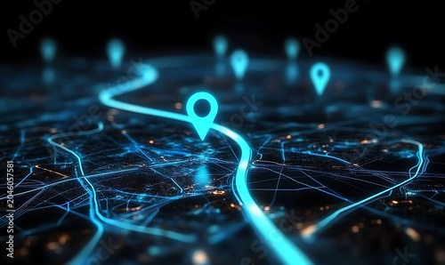 Abstract digital map showing glowing blue route with navigation markers and city lights.