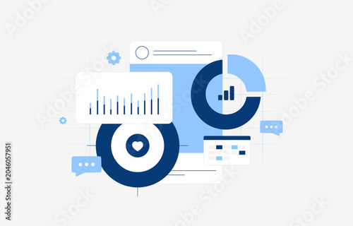 Social media analytics with engagement metrics and audience insights in performance dashboard. Monitor content performance and track social interactions through data visualization vector illustration