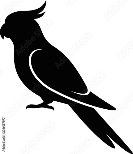 Black silhouette of a cockatiel bird standing on a transparent background