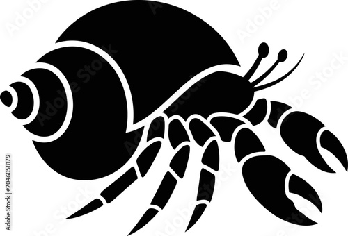 Black and white illustration of a hermit crab on white background