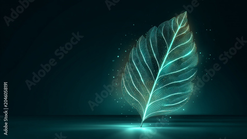 glowing leaf symbol with soft green light rays, futuristic sustainability concept, dark clean background