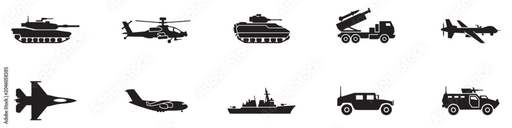 Fototapeta premium Military vehicle silhouette icon set. Army transport symbols. Tank, helicopter, fighter jet, armored car, warship, rocket launcher and drone signs. Vector illustration, black tactical machinery icons.
