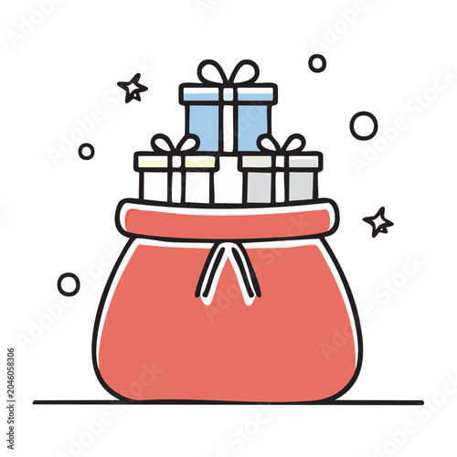 Flat design illustration of Santa's red bag full of gifts