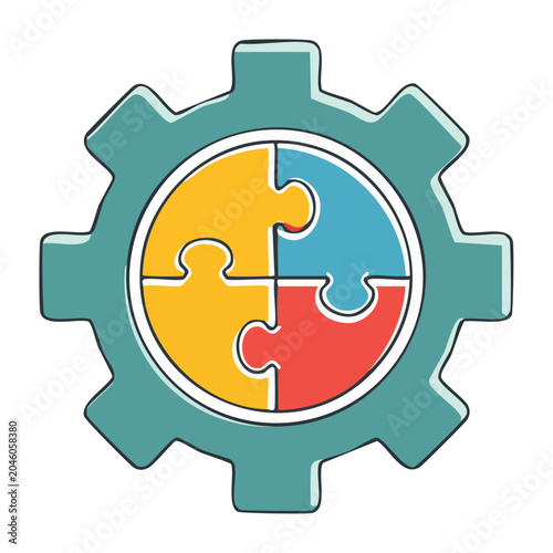 Gear with colorful puzzle pieces inside