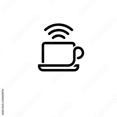 Minimalist vector line art icon depicting a steaming coffee cup with radiating wireless internet signals, symbolizing connectivity, digital cafes, and smart beverage experiences
