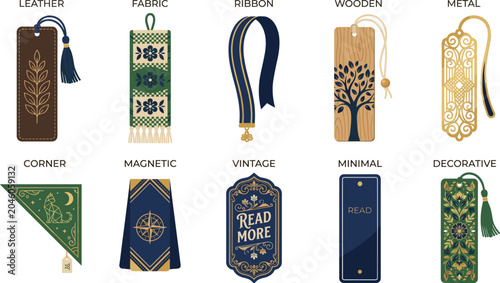 Schilderij op canvas Creative Bookmark Collection Set Featuring Leather Fabric Ribbon Wooden Metal Vi
