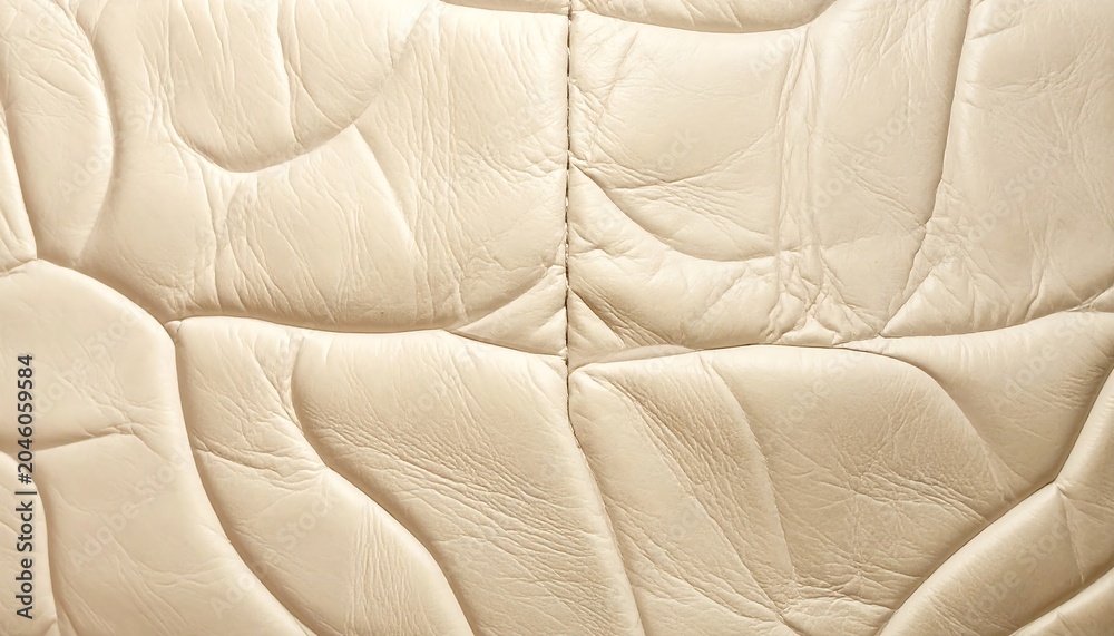 Fototapeta premium Close-up of beige quilted leather texture with stitch. The design showcases curved patterns and detailed surface