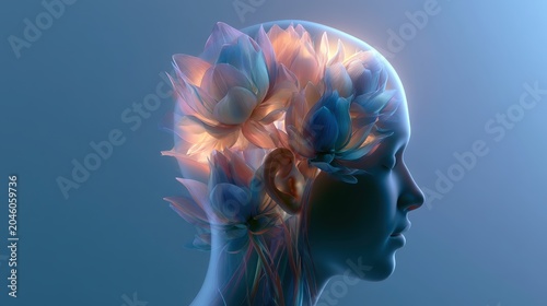 Abstract 3D illustration of a glowing human head profile with blooming soft pastel lotus flowers inside representing mental health, mindfulness, and inner peace.