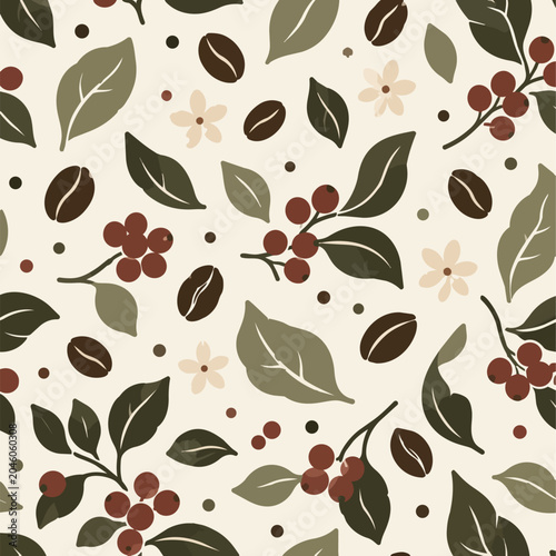 Coffee_Beans_And_Berries_Botanical_Leaf_Abstract_Seamless_Pattern