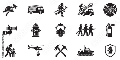 Fotografie Firefighter and rescue equipment icons set