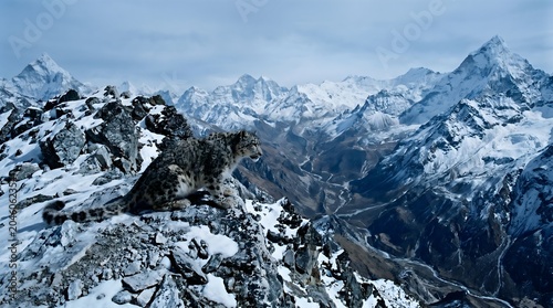 Wide horizontal view of a snow leopard camouflaged perfectly against the jagged, snowy rocks of a high Himalayan mountain ridge, looking alertly across the deep valley under a cold blue sky.
