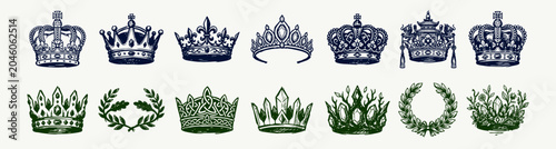Hand Drawn Crown and Royal Luxury Icon Set, Imperial Tiara, Laurel Wreath, Celtic and Crystal King Queen Logo Elements, Sketched Vector Illustration Collection for Premium Corporate Branding