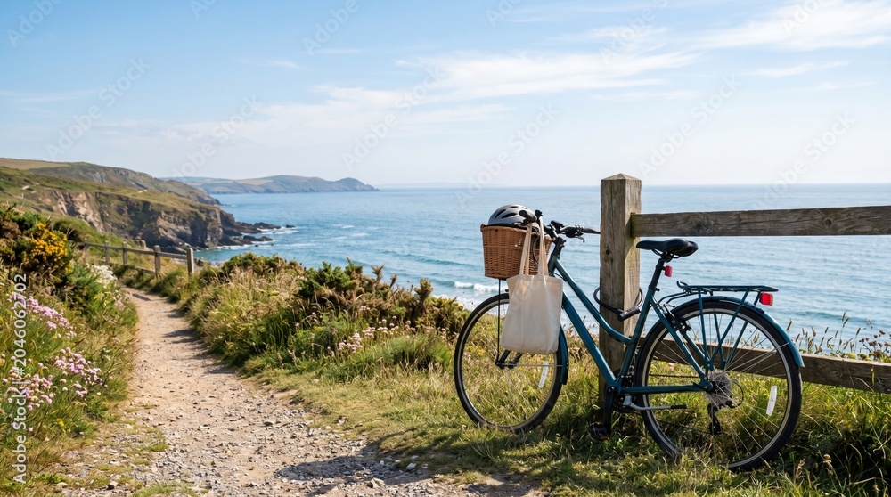 Fototapeta premium Bicycle Leaning Against Stone Wall on Scenic Coastal Path Summer Cycling